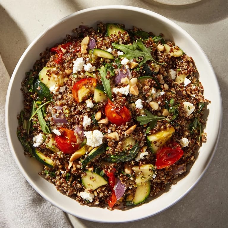 A delicious Mediterranean Grain Bowl with feta, olives, and toasted pine nuts piled high.