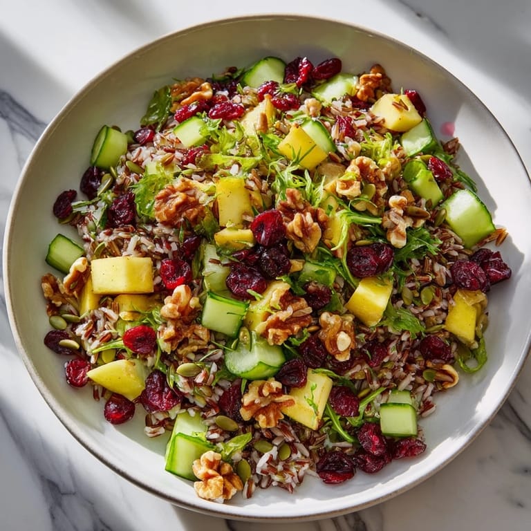 A closeup reveals a delicious Light Forest-Inspired Wild Rice and Cranberry Salad, perfect for a fresh summer lunch.