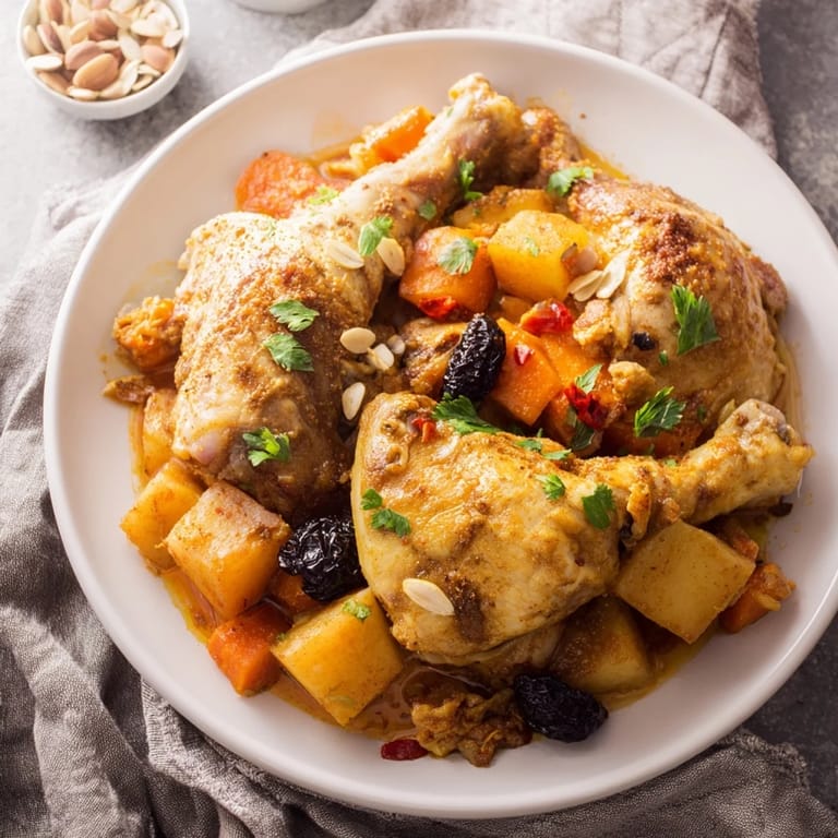 Golden chicken pieces and sweet potatoes are shown in this slow-cooker Soft Spice Tagine.