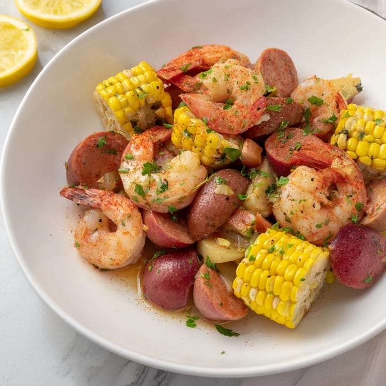 Aromatic one-pot Seaside-Inspired Shrimp Boil featuring pink shrimp, potatoes, and sausage, a complete meal.
