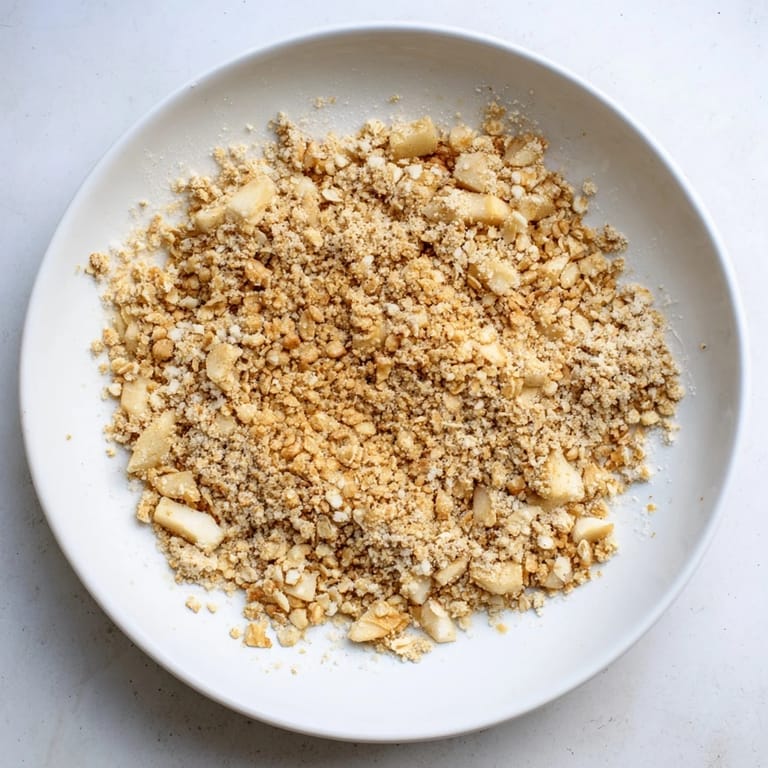 A close-up of a freshly baked soft crumb apple crisp, ready to be served warm.