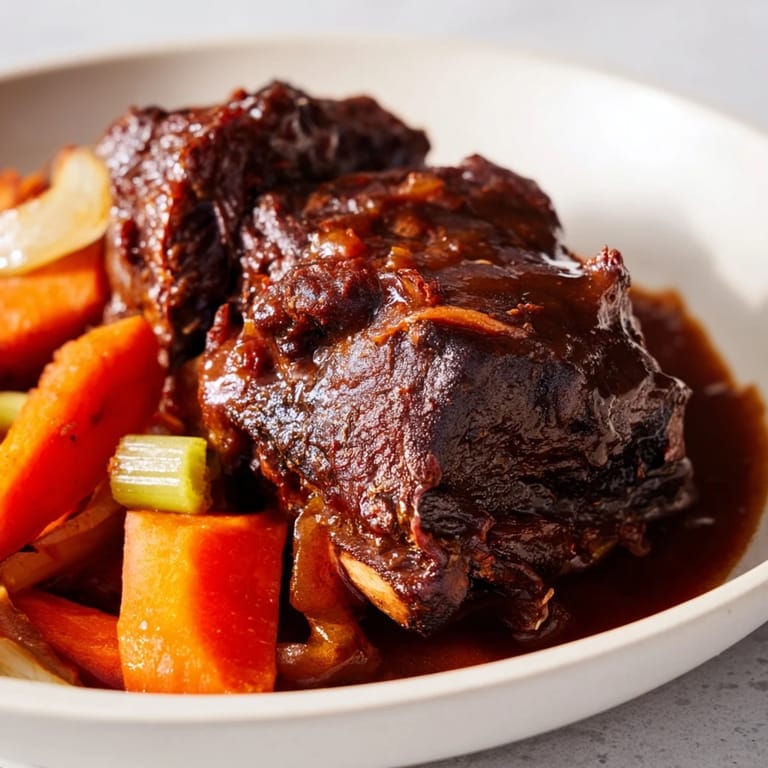 Close-up of One-Pot Amber-Glowed Beer-Braised Short Ribs, rich dark meat falling off the bone, paired with carrots.