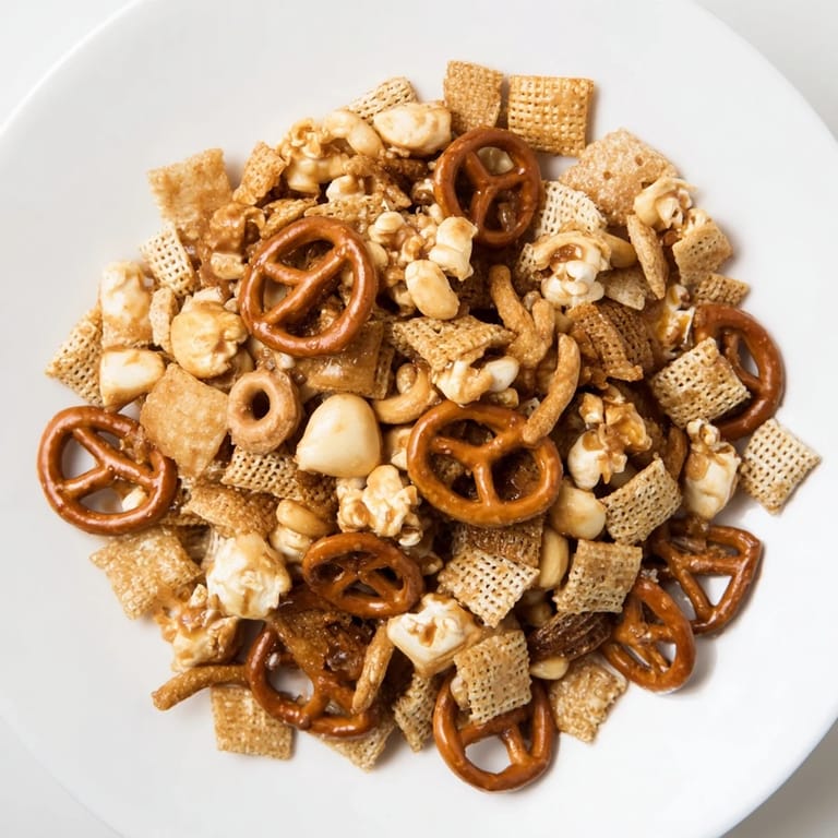 Close-up of the delicious Party Mix, featuring crunchy pretzels and apple chips, ready to enjoy this season.