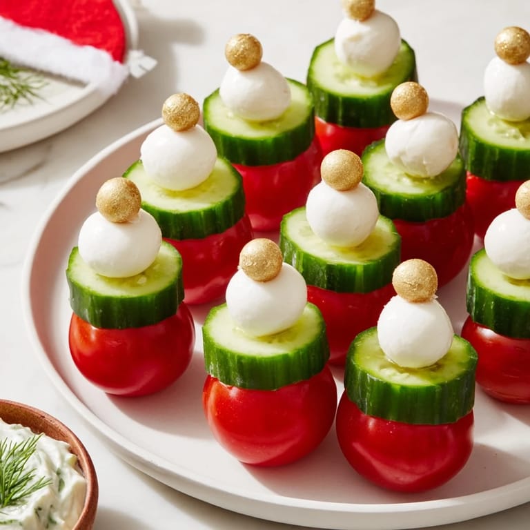 Festive Savory Crudités: Colorful vegetable Santa hats with a delicious, herbed dip for dipping.