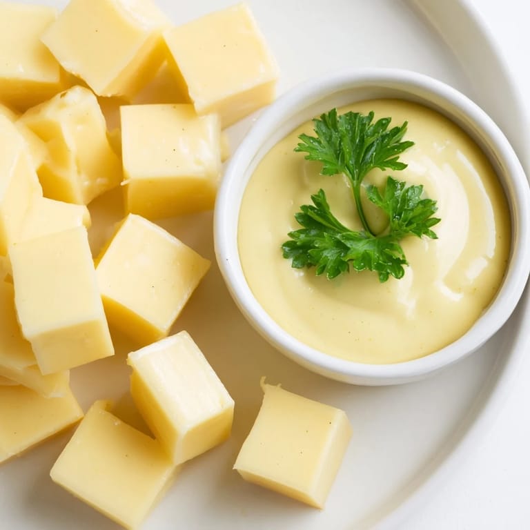 Close-up of a cheese platter; enjoy the pairing of Gouda cubes with the tangy mustard dip mixture.