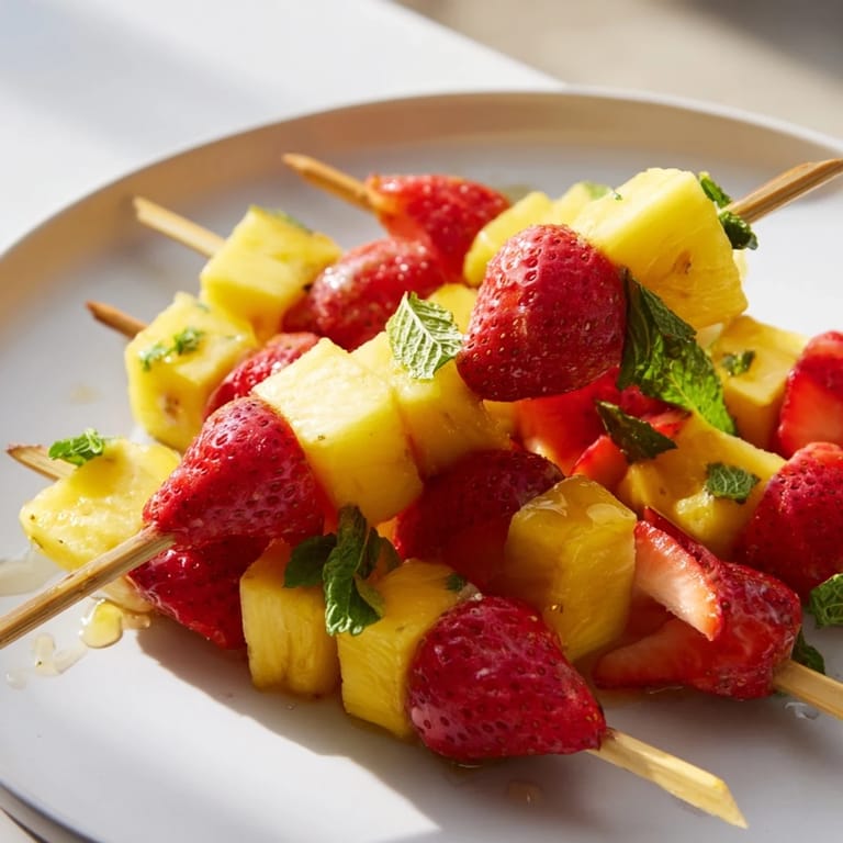 Freshly assembled fruit skewers with bright red strawberries and golden pineapple, perfect for summertime.