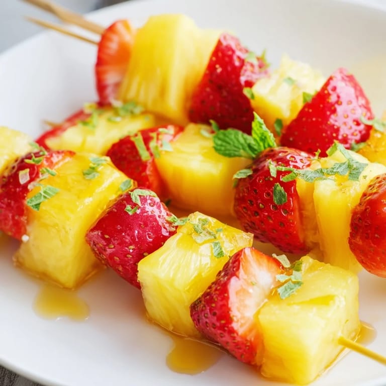 A close-up of a colorful array of fruit skewers with pineapple and strawberries, waiting to be enjoyed.