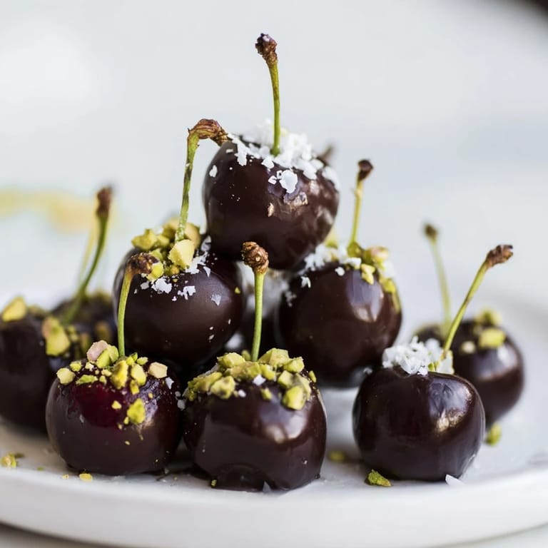 Delectable, glistening chocolate-covered cherry dessert bites forming a perfect pyramid, a beautiful, rich dessert.