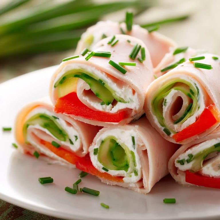 Freshly assembled Turkey Roll-Ups present tender turkey enveloping cool, crisp cucumber and red bell pepper.