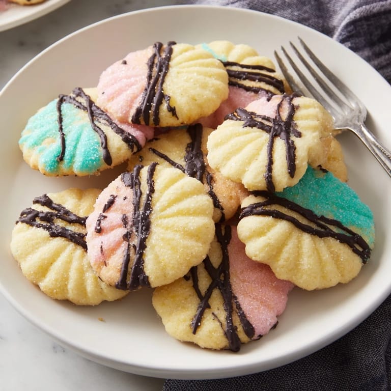 Close-up of buttery, sprinkle-topped Spritz cookies in a fan, ready to enjoy with coffee.
