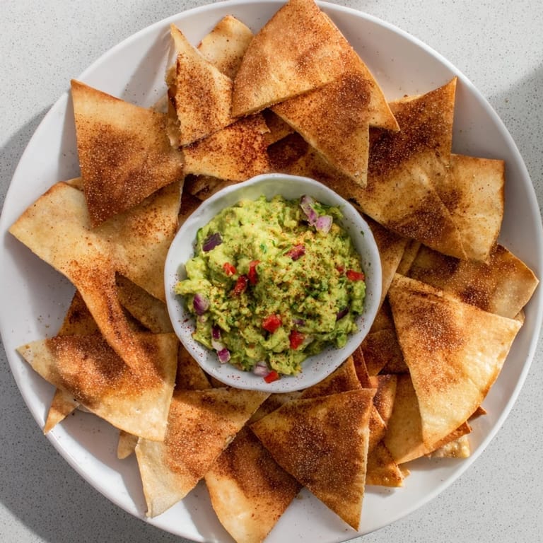 A close-up of crunchy Pita Chips and Guacamole Bowl, showcasing fresh ingredients and flavorful textures.