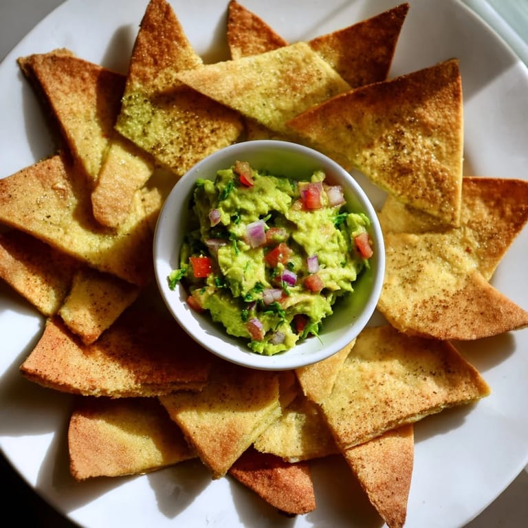 Homemade Pita Chips and Guacamole Bowl, a delightful appetizer brimming with creamy avocado and spices, ready to eat.