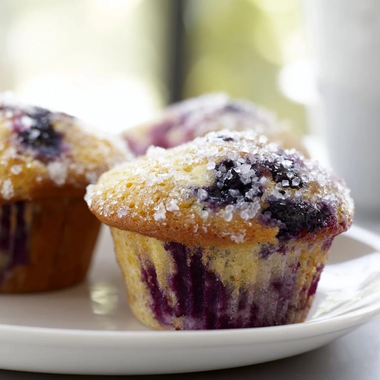 Golden-brown mini blueberry muffins, freshly baked and arranged in a textured basket alongside the recipe.