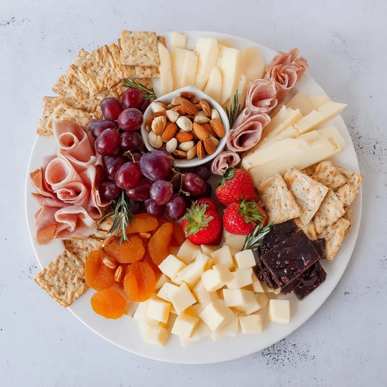 This Anniversary Heirloom Arrangement features folded prosciutto, fresh grapes, and fig jam on a wooden board.