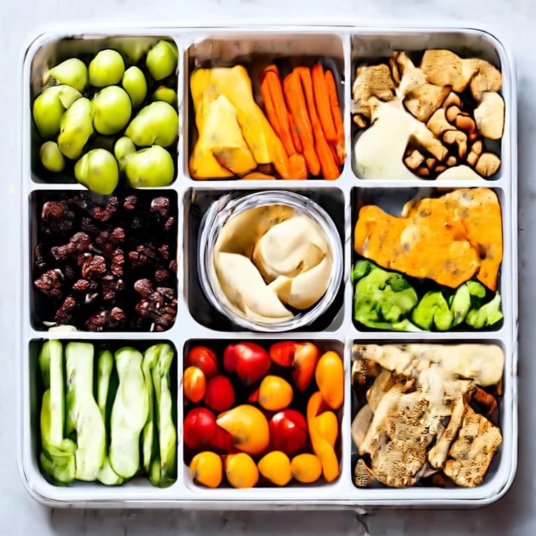 A satisfying, portable Road Trip Snack Box; featuring hummus, dark chocolate, and other delicious treats ready to enjoy.