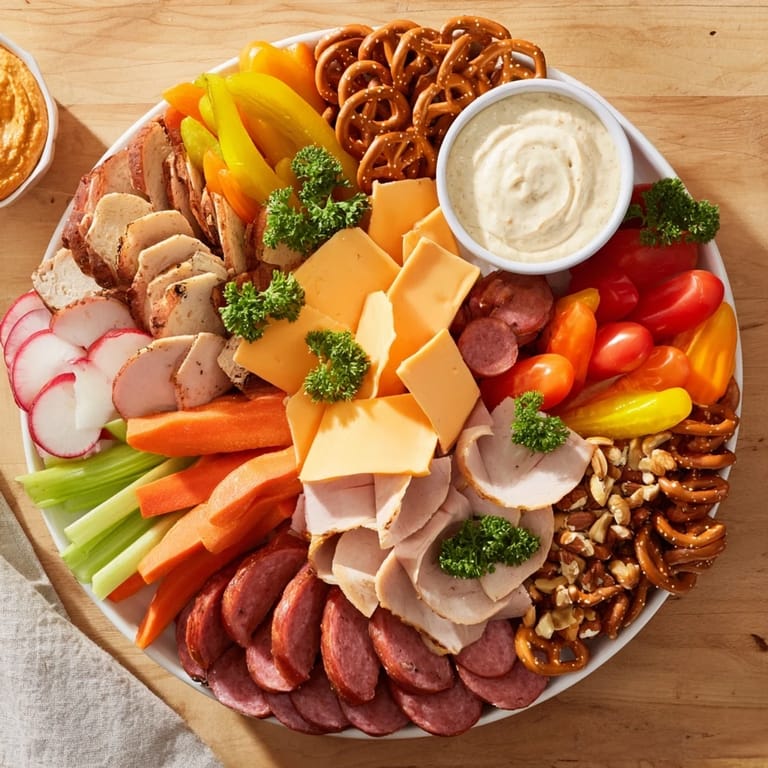 This overflowing Tailgate Party Power Stack features a vibrant array of party foods ready to enjoy.