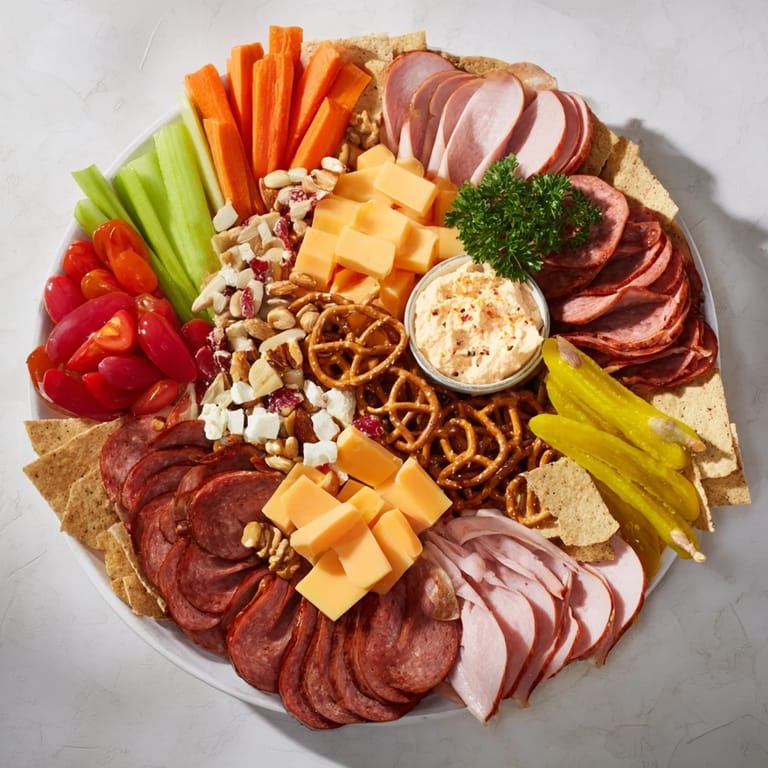 See the enticing layers of a hearty Tailgate Party Power Stack, perfect for sharing and easy grazing.