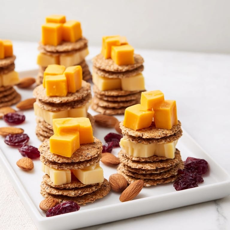 Simple Work From Home Desk Treat: a visually appealing tray of cheese cubes on whole wheat crackers.