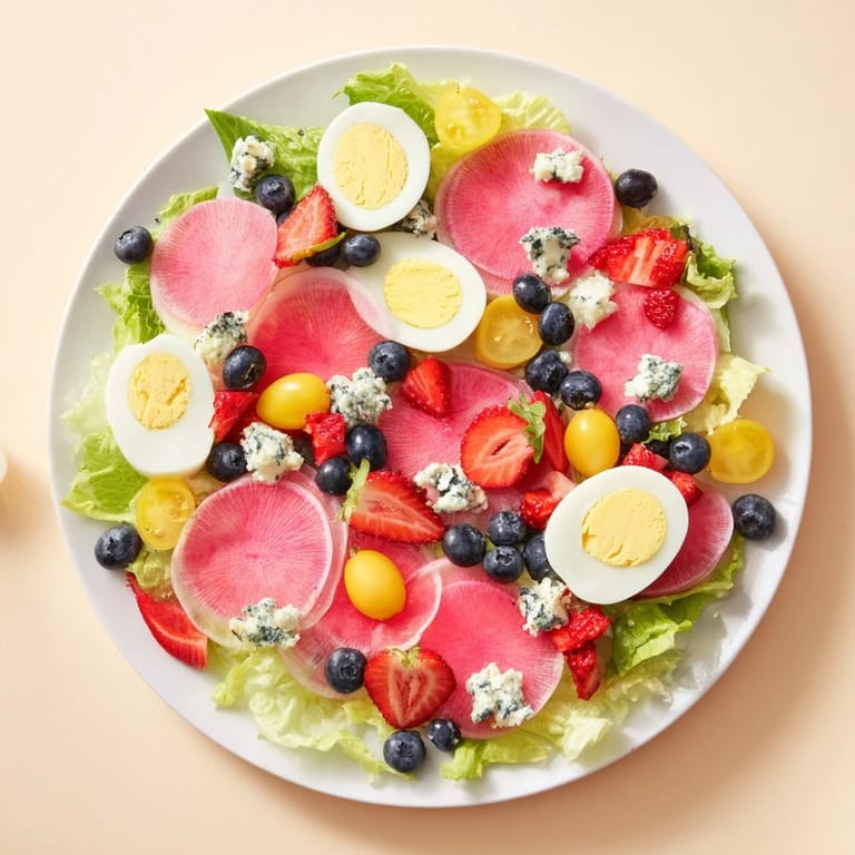 Fresh Baby Shower Pastel Palette Salad ready to serve, featuring creamy blue cheese and ripe cherry tomatoes.