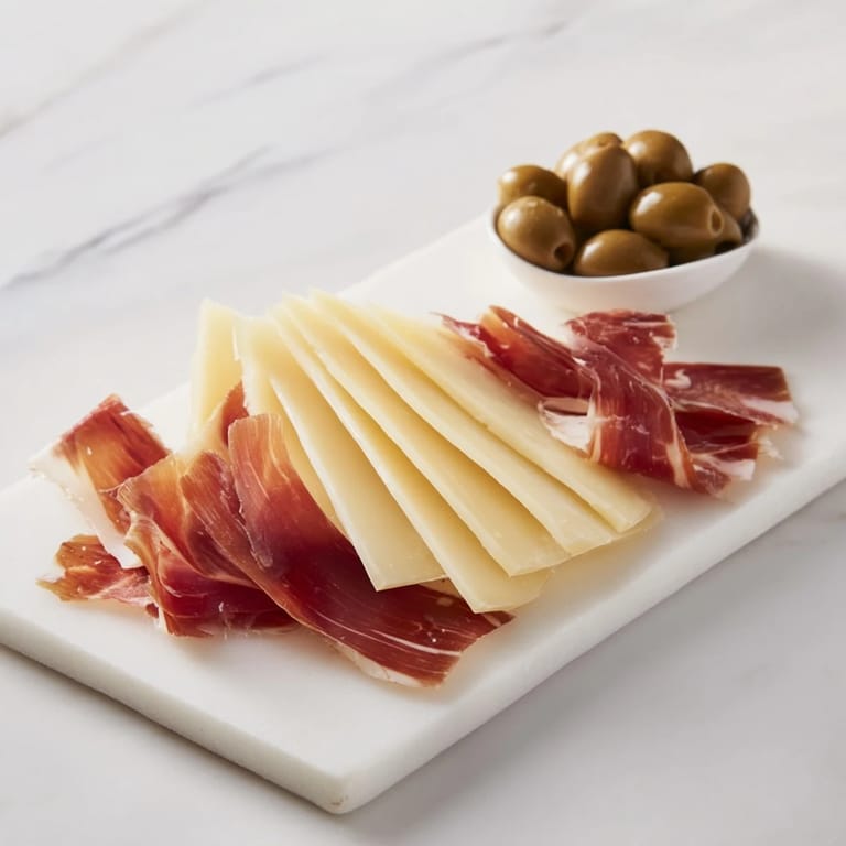 Perfectly arranged minimalism master appetizer featuring sliced Comté, jamón, and Castelvetrano olives for a quick treat.