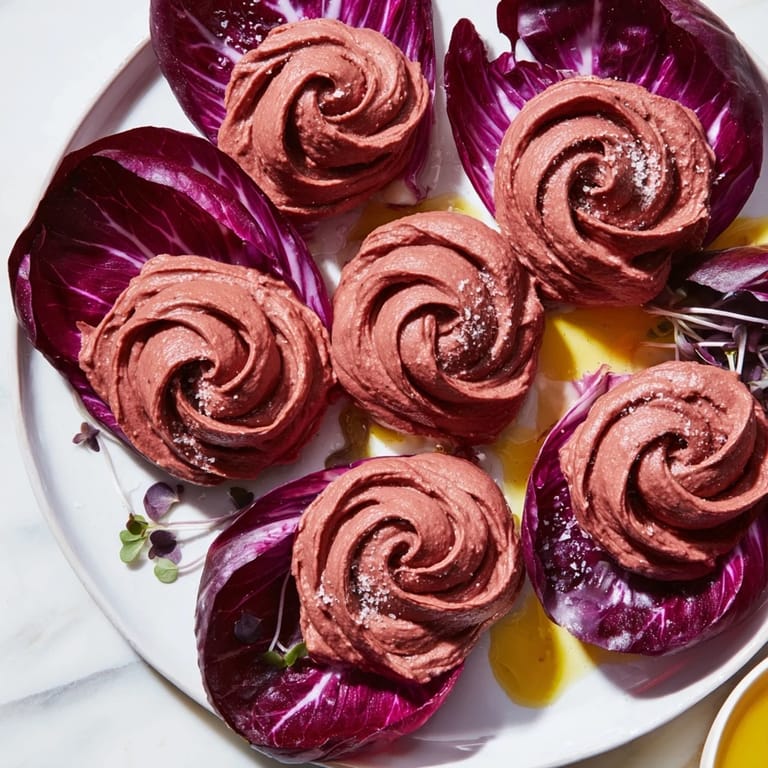 Creamy beet hummus swirls form stunning rose shapes in this The Velvet Rose appetizer, perfect for guests.