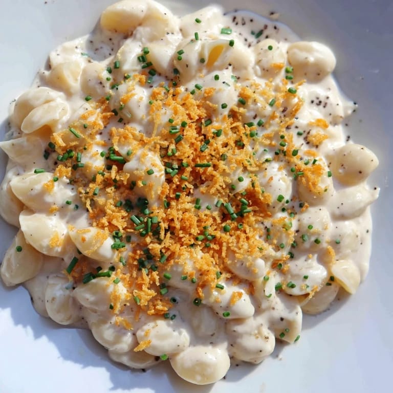 This comforting bowl of cottage cheese mac and cheese is perfectly plated with fresh herbs, ready to eat.