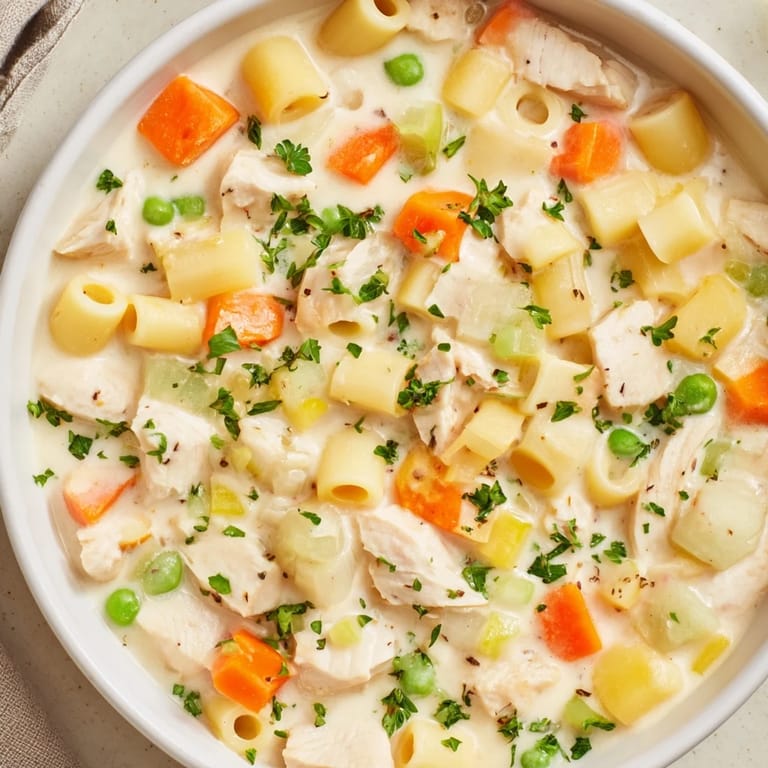 Hearty Chicken Pot Pie Pasta Soup: This comforting soup features visible ditalini pasta and herbs, ready to be served.