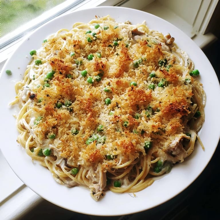 Deliciously cheesy Turkey Tetrazzini Bake, bubbling fresh from the oven, offering a classic American comfort meal.