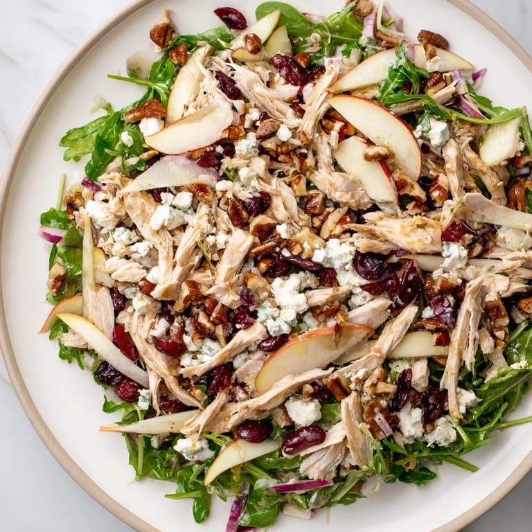 A close-up shot of a colorful Chicken and Apple Winter Salad with pecans and a tangy cider dressing.