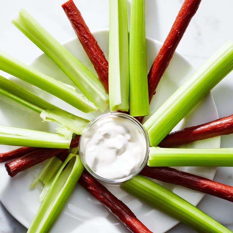 This Rustic Wheel features a fun arrangement of savory meat sticks and fresh celery, ready to serve.