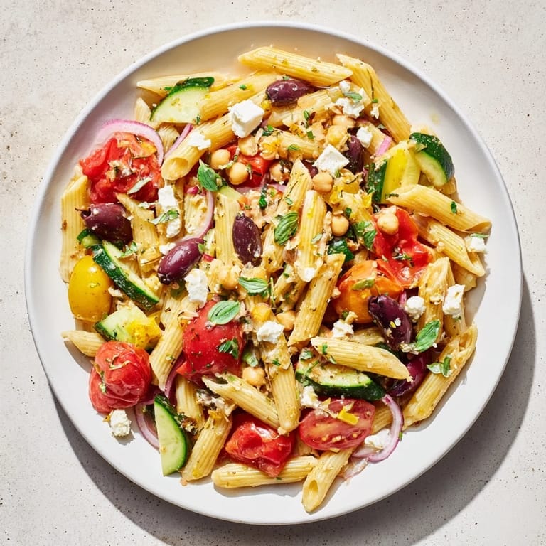 Close-up of a refreshing Mediterranean pasta salad with chickpeas: a vegetarian delight with olives and herbs.
