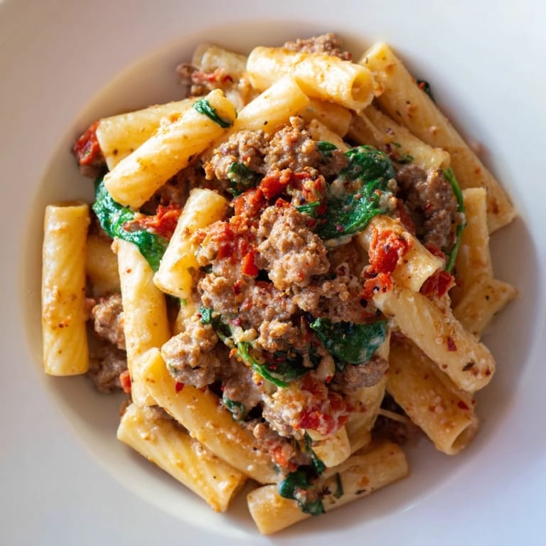 Vibrant photo of One-Pot Italian Sausage Tomato Pasta, showcasing juicy sausage and creamy sauce, ready to eat.