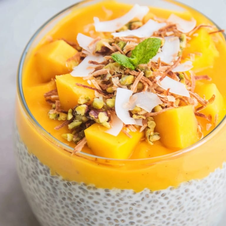 A close-up shot of a refreshing Mango Coconut Chia Pudding, vibrant and full of tropical flavors.