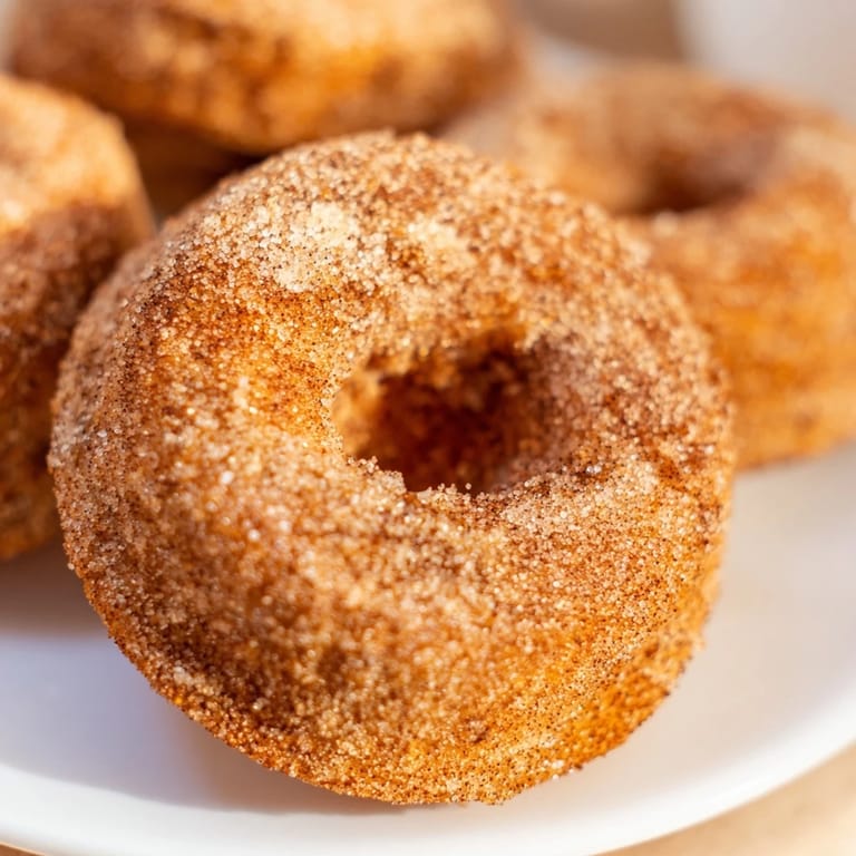 Close-up of fluffy Cinnamon-Sugar Baked Donuts, highlighting the soft texture and enticing cinnamon-sugar crust.