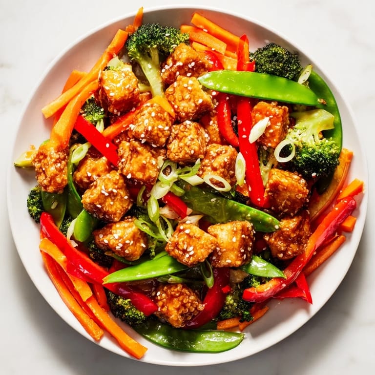 A flavorful bowl of Sesame Ginger Tofu Stir-Fry features vibrant veggies and a sauce perfect for dinner.