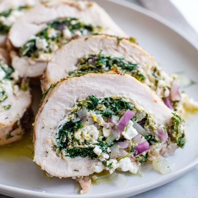 Sensory-rich image of Spinach Feta Stuffed Chicken: tender rolls filled with creamy feta and herbs.