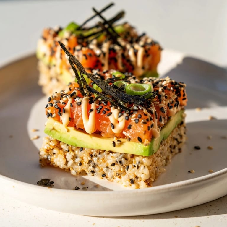 A beautiful Crispy Rice Salmon Stack, showcasing layers of crispy rice, spiced salmon, and drizzled spicy mayo.
