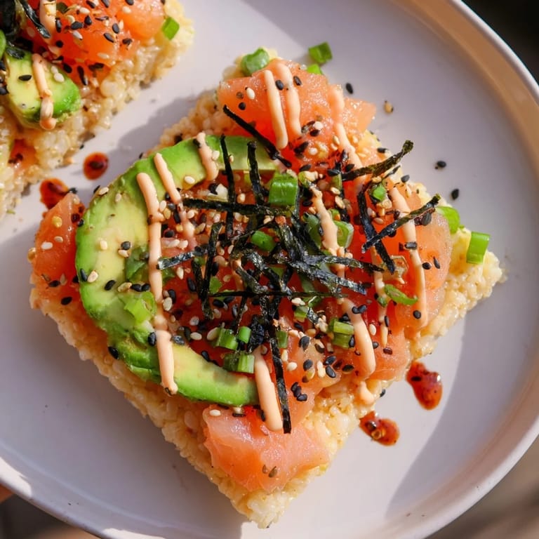 Imagine this: a perfect Crispy Rice Salmon Stack with crispy rice, fresh salmon, avocado, and sesame seeds.