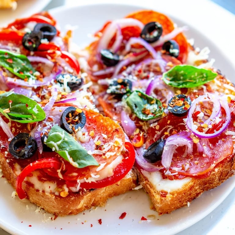 A close-up of cheesy, flavorful Pizza Toast 2.0, with fresh basil and red pepper flakes garnish.