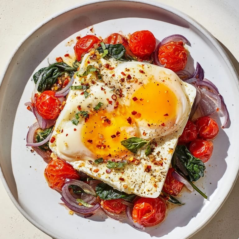 A close-up of bubbly Baked Feta Eggs with runny yolks, perfect for dipping crusty bread in.