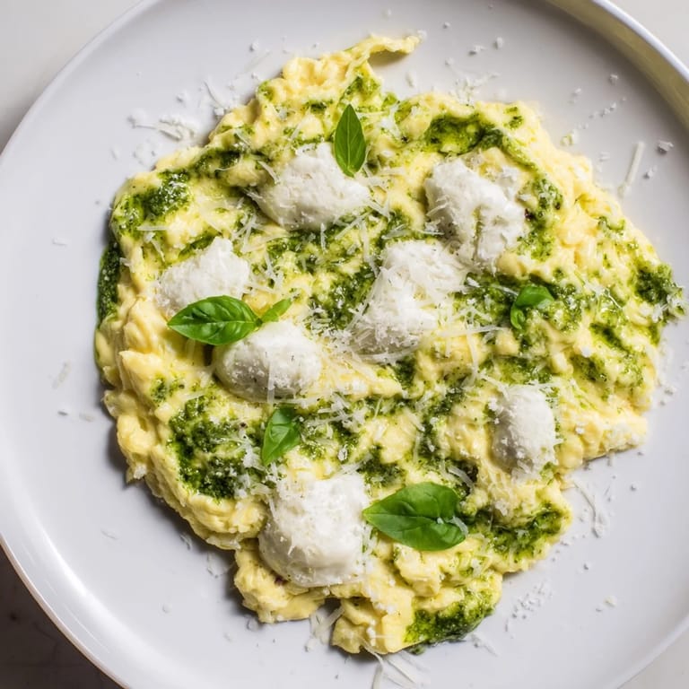Warm, creamy Pesto Cottage Cheese Eggs, a simple, protein-rich scrambled egg variation for brunch.