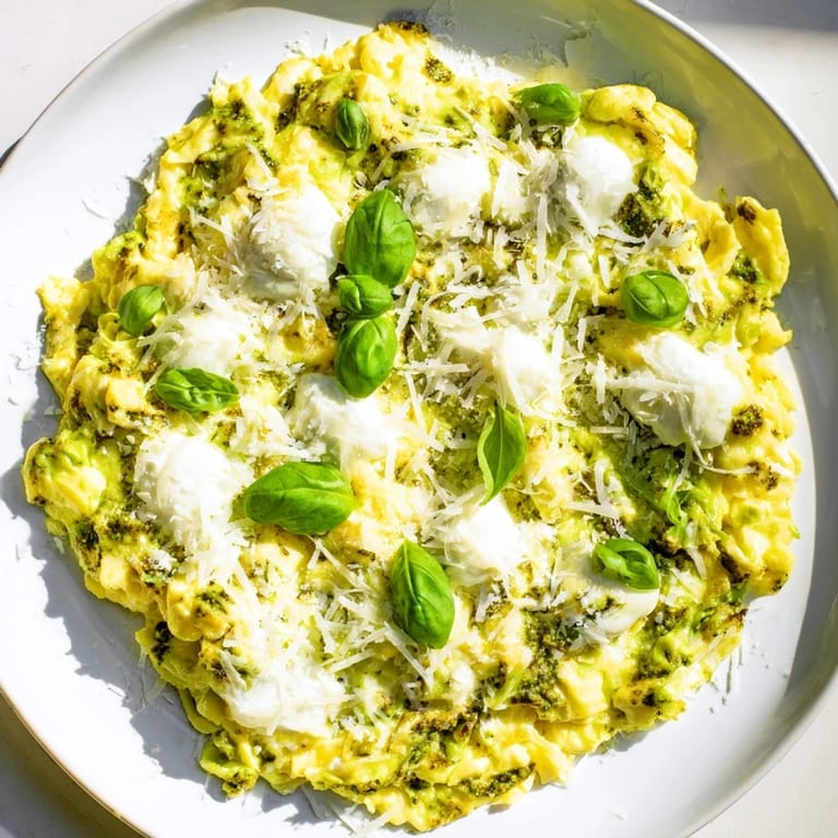 Bright green Pesto Cottage Cheese Eggs, served with toast, offering a fresh, flavorful vegetarian meal.