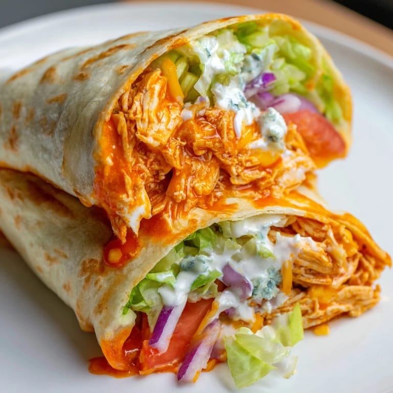 Quick and easy buffalo chicken wrap: a close-up of the delicious filling inside a toasted tortilla.