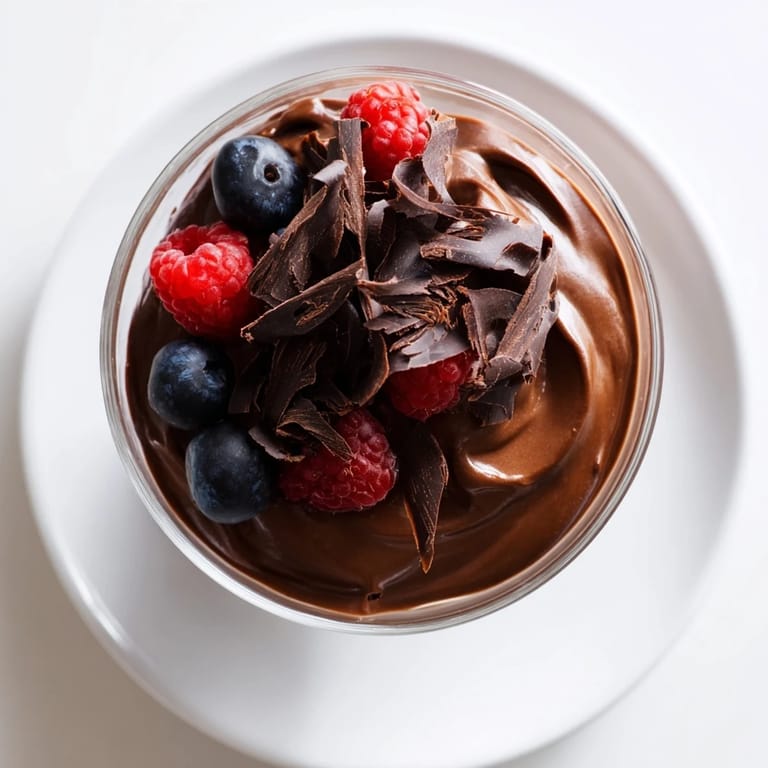 A close-up of chilled avocado chocolate pudding, garnished with fresh berries and shaved chocolate.