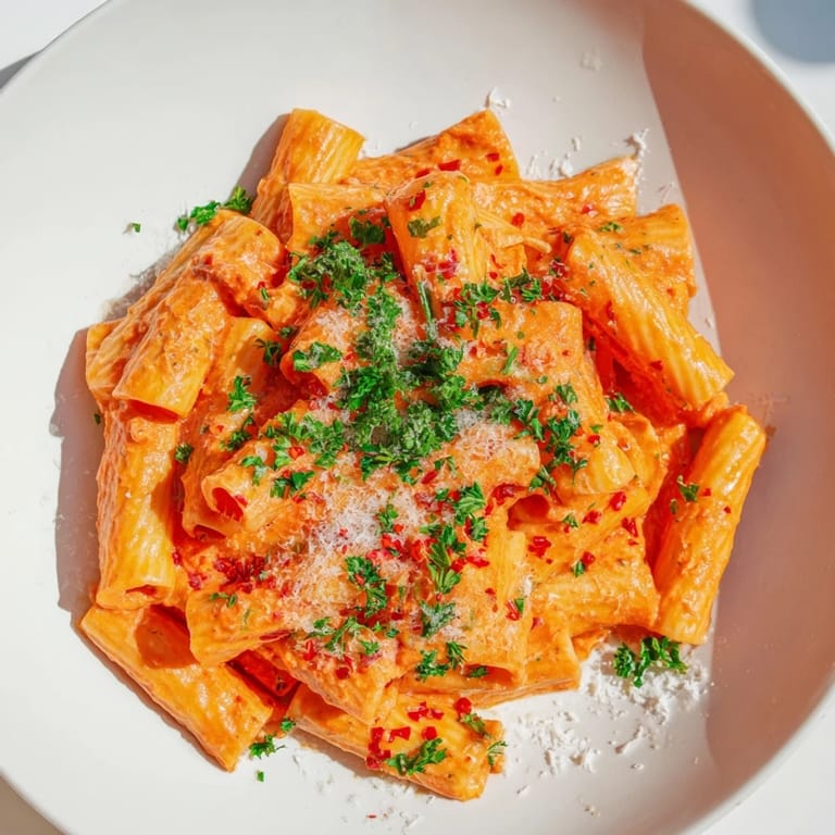 Close-up photo of creamy Gigi Hadid spicy rigatoni, showcasing the rich tomato-vodka sauce clinging to rigatoni.