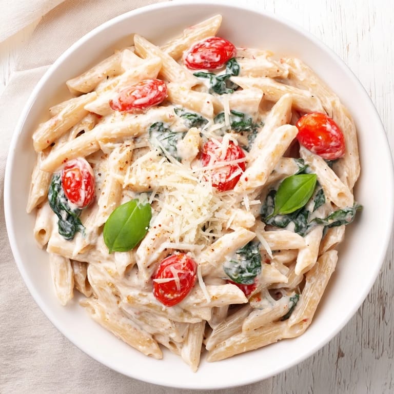 Smooth, creamy Cottage Cheese High-Protein Creamy Pasta with spinach and juicy cherry tomatoes, so delicious.