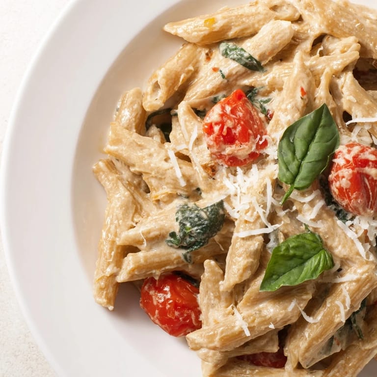 This plate of Cottage Cheese High-Protein Creamy Pasta showcases a hearty, flavorful, satisfying vegetarian meal.