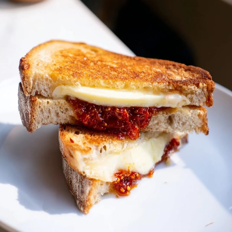 Close-up of a perfectly grilled Brie and Chili Crisp Grilled Cheese, with a delicious, crispy crust.