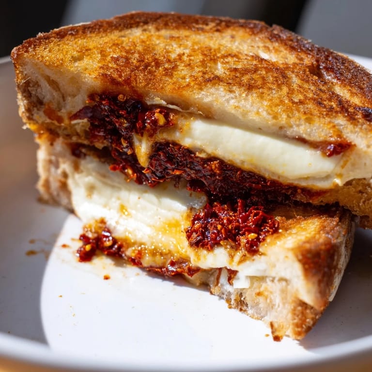 Buttery, toasted slices hold a gooey filling of Brie and Chili Crisp Grilled Cheese, ready to eat.