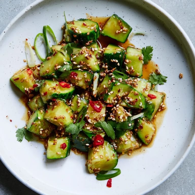 Enjoy the refreshing crunch of this vegan Chinese Spicy Smashed Cucumber Salad, a flavorful appetizer.